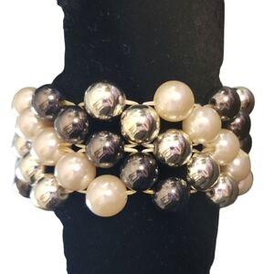 Faux Pearl Black and Silver Beaded Stretch Bracelet